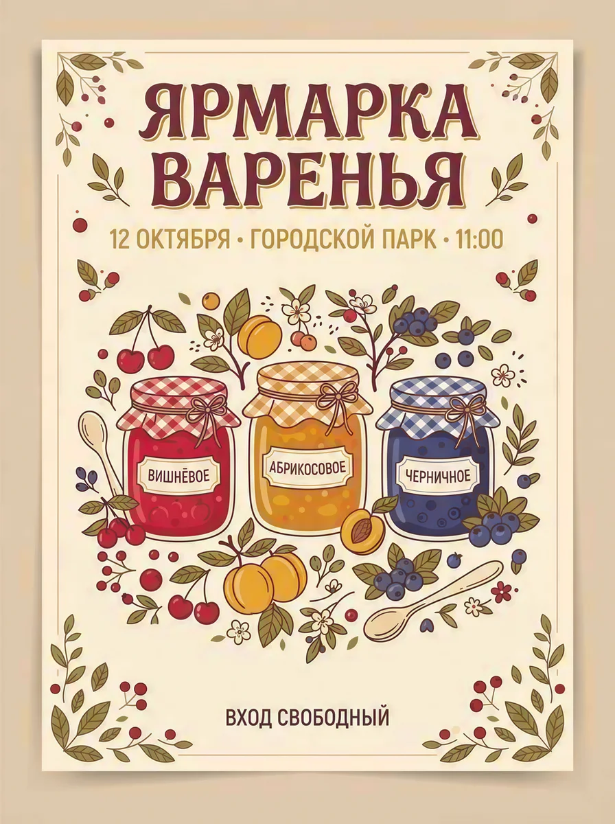 Афиша «Ярмарка варенья» с тремя банками вишнёвого, абрикосового и черничного варенья после увеличения