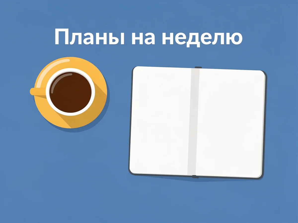 Плоская иллюстрация: жёлтая чашка и белый блокнот на голубовато-синем фоне, надпись «Планы на неделю»
