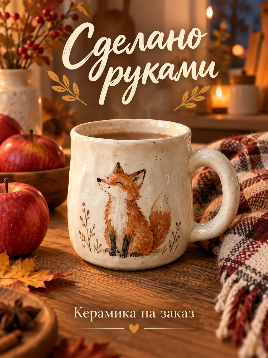 Плакат GPT Image 2: кружка с чаем, надпись «Сделано руками» кистью, яблоки и плед