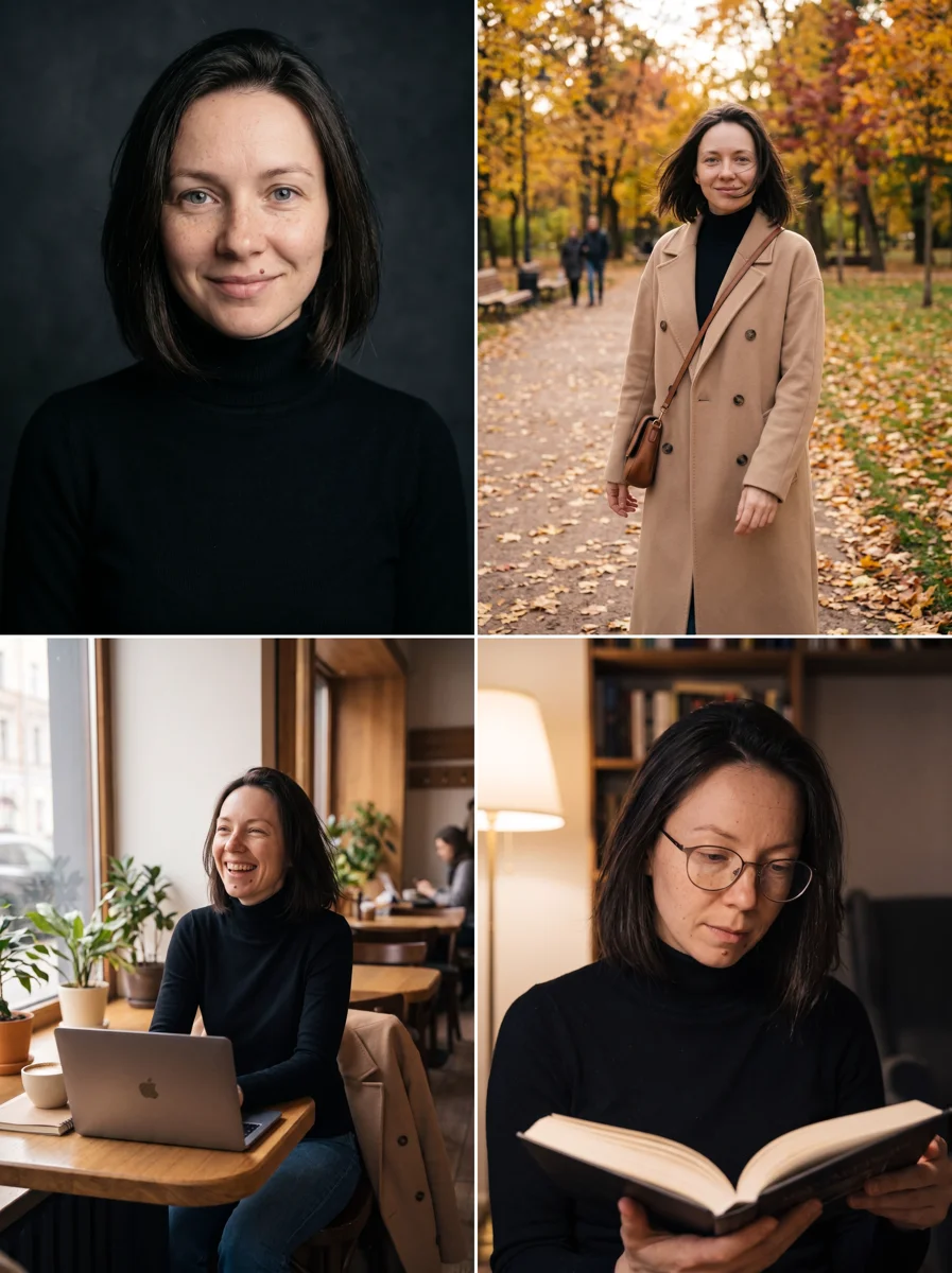 Серия из четырёх кадров с одной женщиной: портрет, парк, кафе и чтение книги