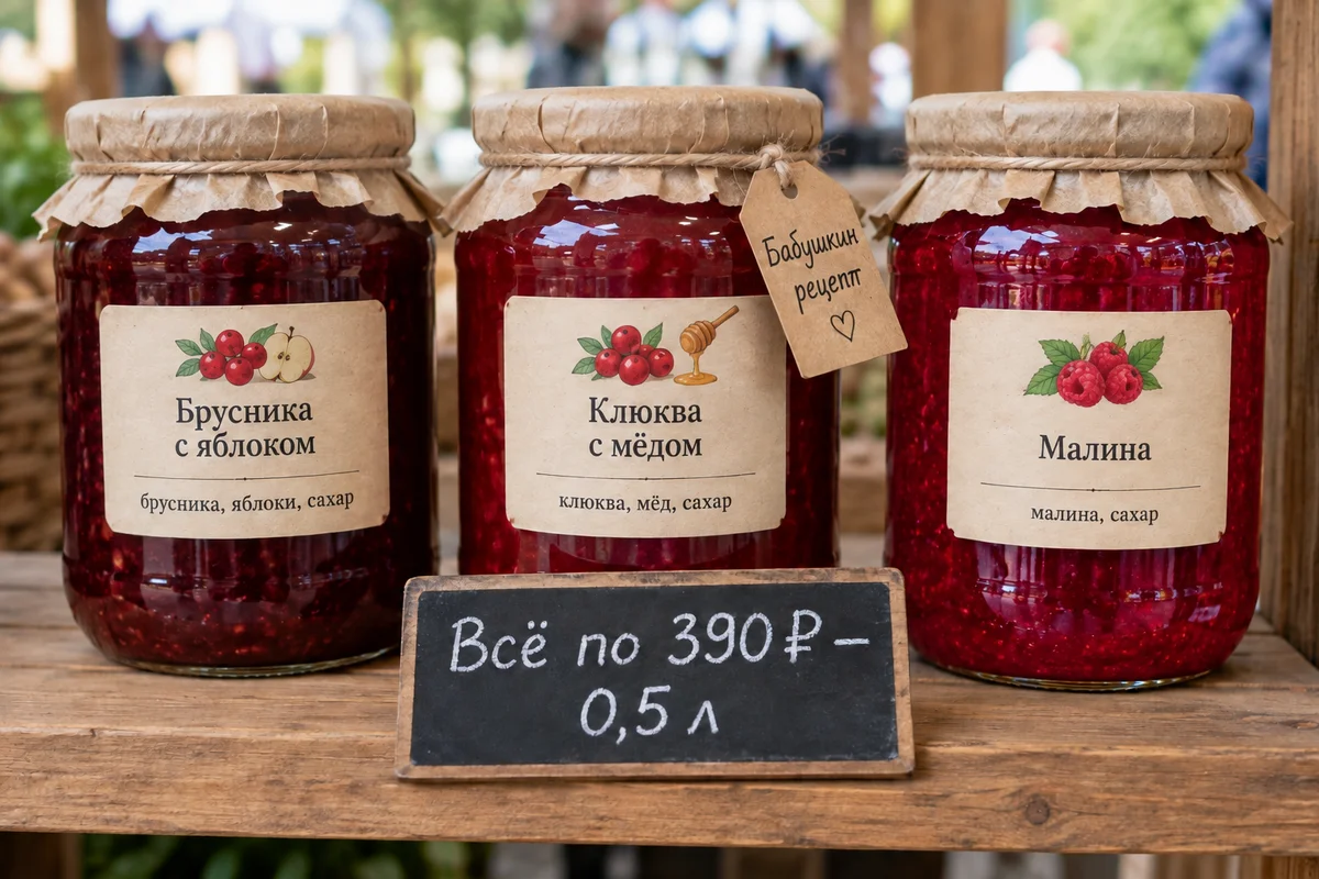 Та же полка после правки: справа банка малинового варенья с этикеткой «Малина», на доске цена 390 ₽