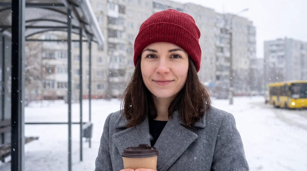 Девушка в красной шапке с кофе на автобусной остановке зимой, фото для клипа