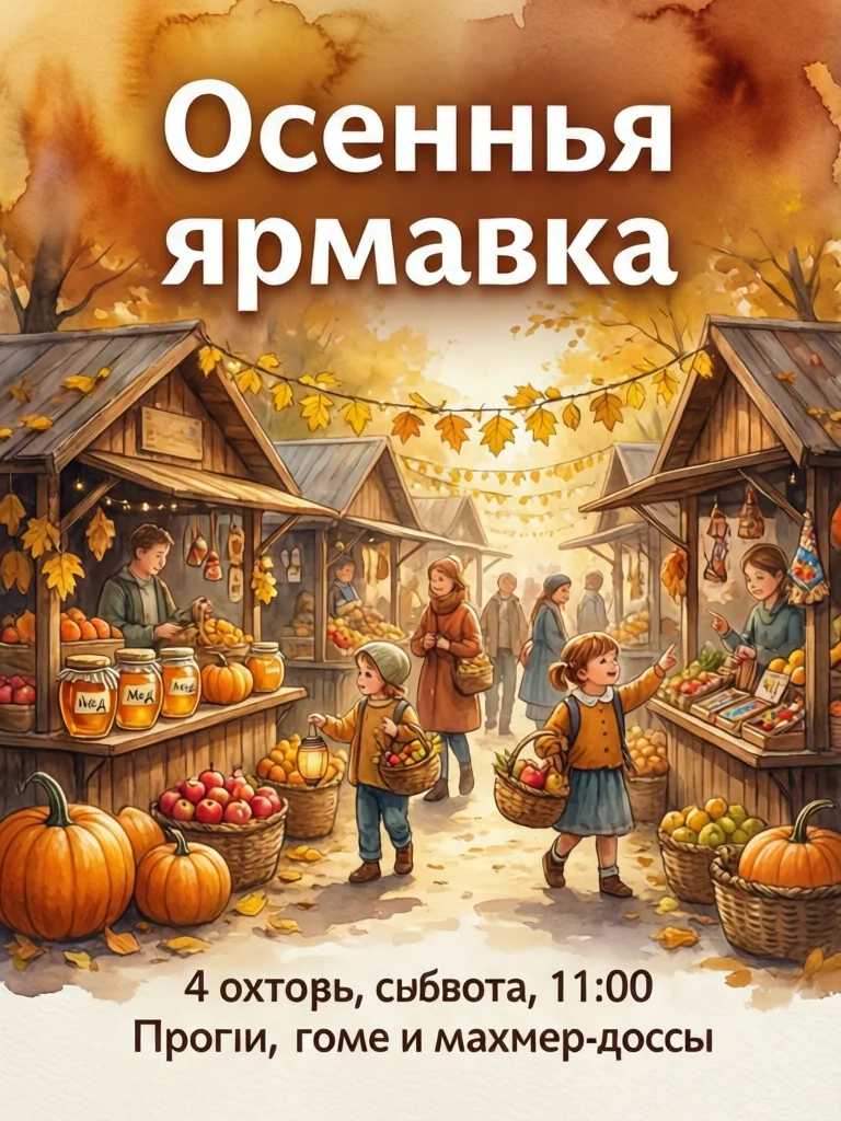 Акварельная афиша с прилавками и детьми, в заголовке написано «Осенньа ярмавка»