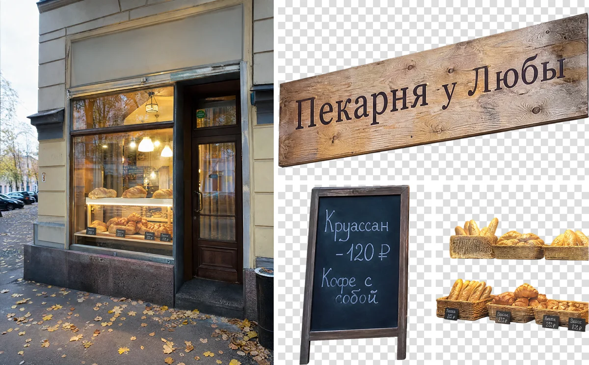 Фото пекарни разобрано на слои: пустой фасад, вывеска, меловая доска, корзины с хлебом и полоса с деревьями отдельно