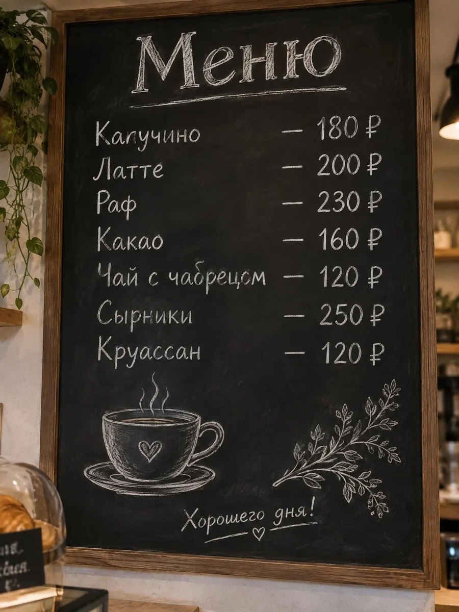 Меню кофейни мелом на доске, семь позиций с ценами, GPT Image 2.5