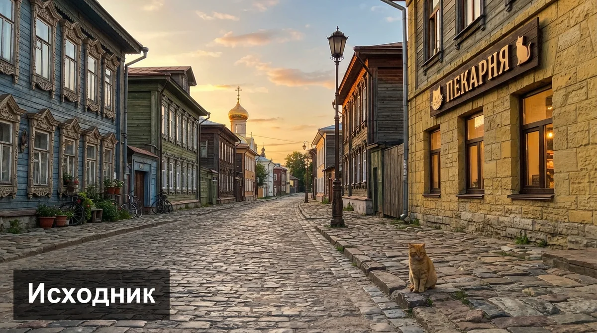 Исходное фото: улица старого города с деревянными домами, вывеской «Пекарня» и рыжим котом