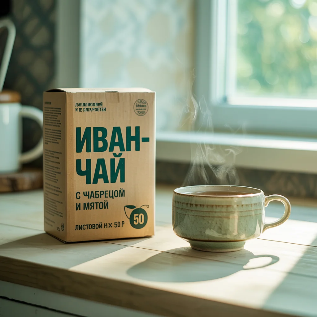 Картонная коробка «Иван-чай» с чашкой, внизу строка с ошибкой «ЛИСТОВОЙ Н× 50 Р»