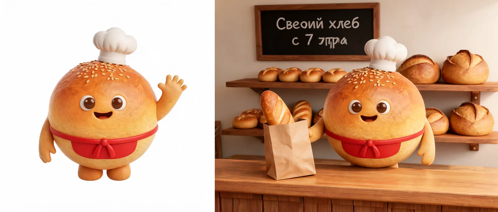 Мультяшная булочка в поварском колпаке машет рукой, рядом она же за прилавком пекарни с пакетом и багетом