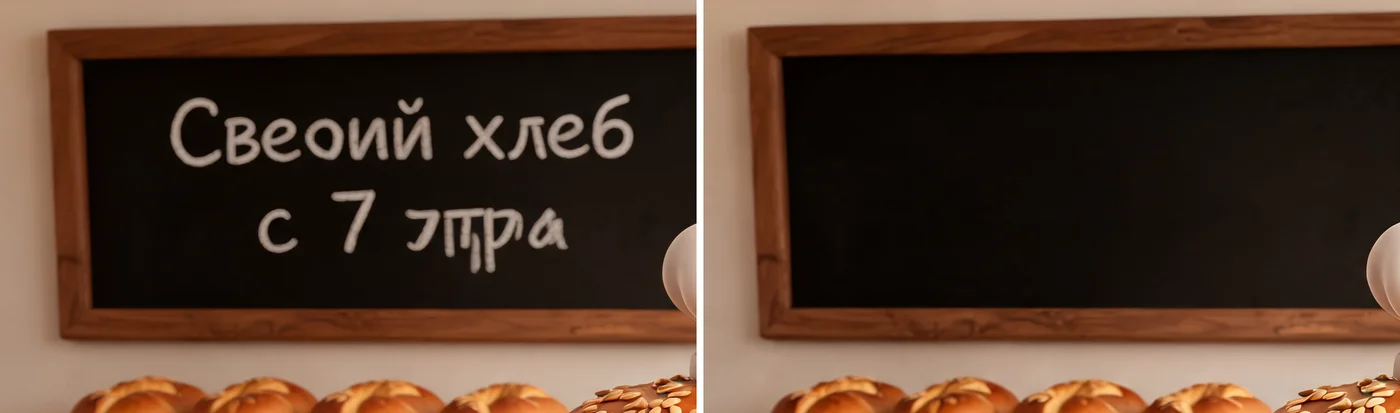 Меловая доска с надписью «Свеоий хлеб с 7 утра» с искажёнными буквами и та же доска чистая