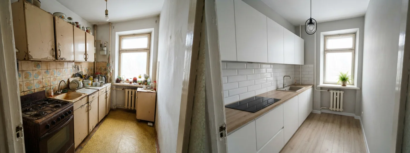 Старая кухня с облезлыми шкафчиками и та же кухня после ремонта в одной картинке