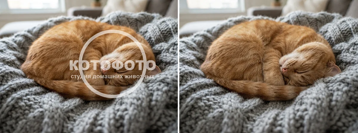 Спящий рыжий кот на вязаном пледе с круглым логотипом поверх морды и тот же кот без логотипа