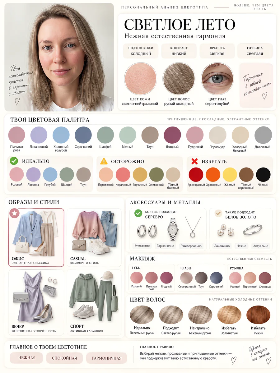 Журнальный разворот «Светлое лето»: портрет, палитра одежды, металлы, макияж и оттенки волос