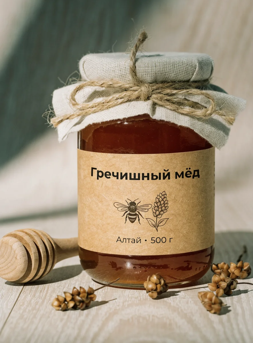 Банка мёда у V4.1: строка «Алтай · 500 г» внизу этикетки, под рисунком пчелы и стебля гречихи, на столе сухие соцветия