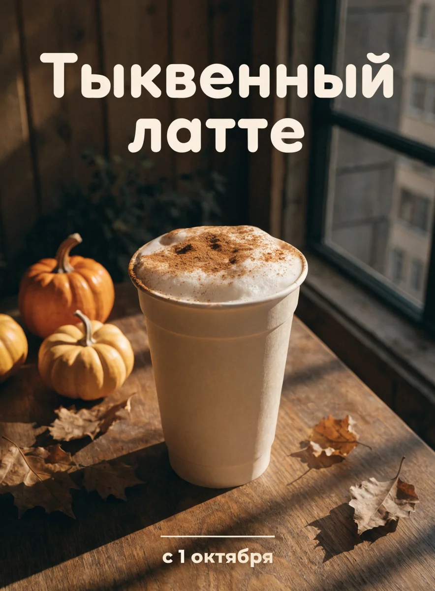 Плакат V4.1 Standard: стакан латте с корицей у окна, жирная надпись «Тыквенный латте»