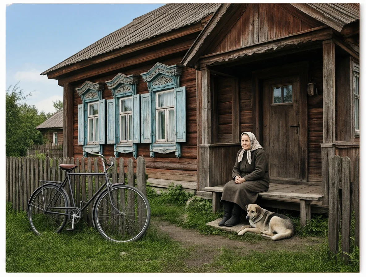 Тот же дом в ярких цветах: синее небо, зелёная трава, голубые наличники, тонкая белая рамка