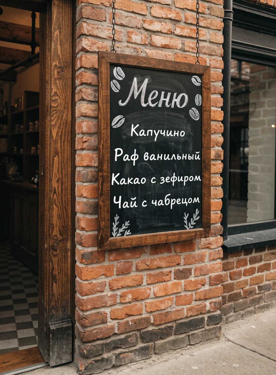 Меловая доска на кирпичной стене: «Меню», ниже «Капучино», «Раф ванильный», «Какао с зефиром», «Чай с чабрецом»