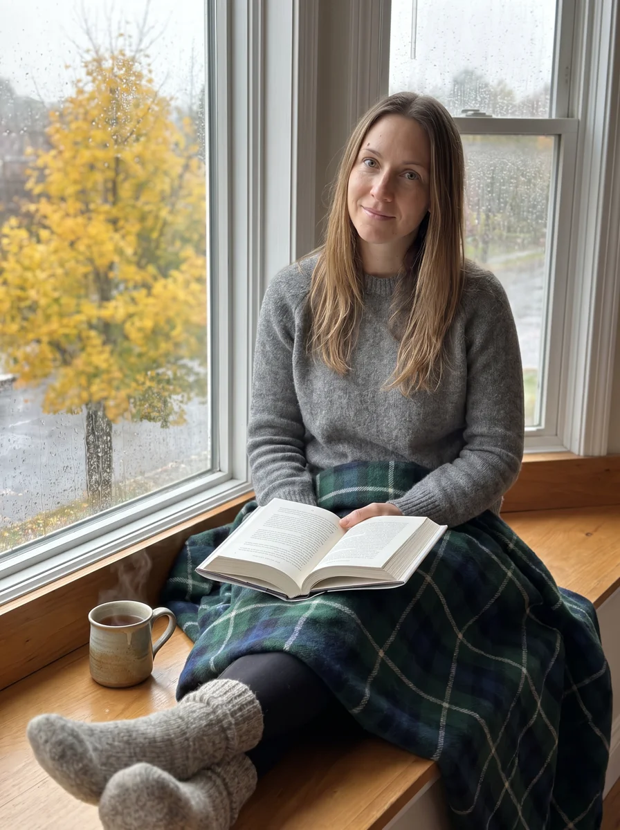 Женщина в сером свитере под клетчатым пледом с книгой на подоконнике, за окном дождь и жёлтое дерево