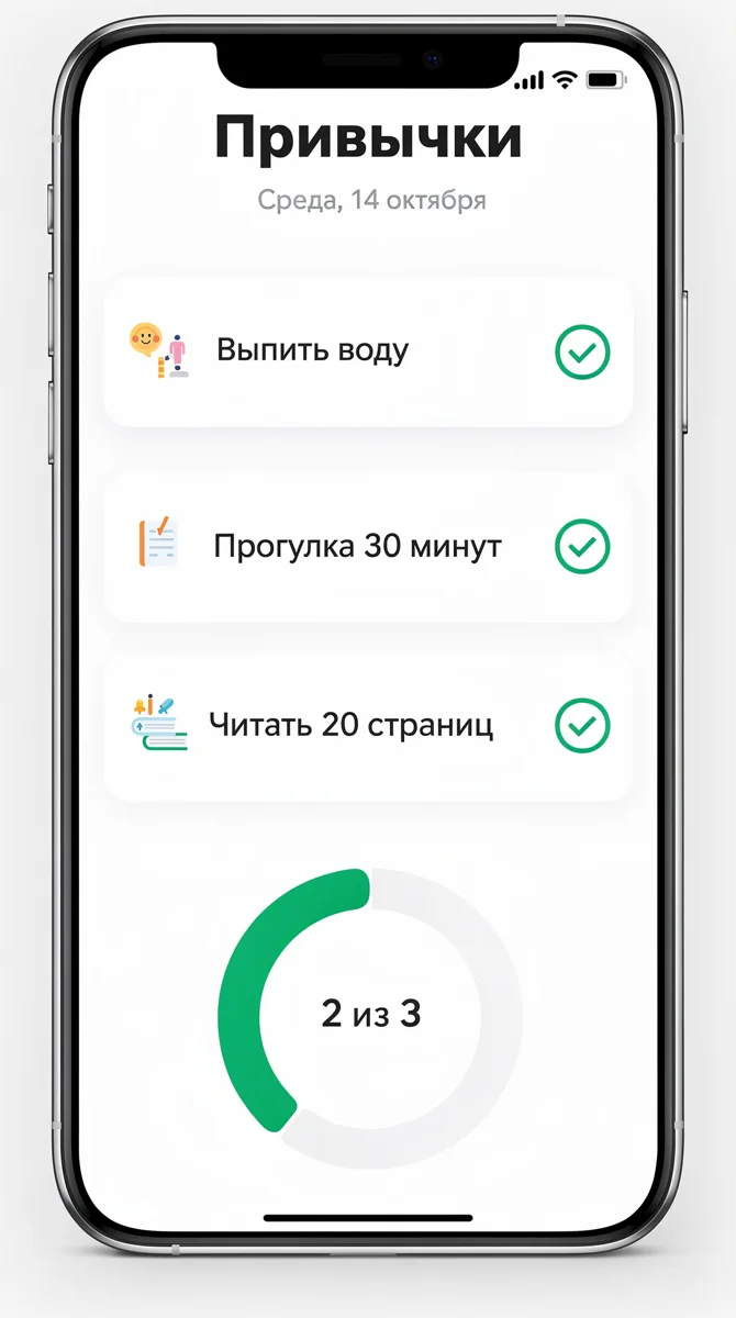 Макет экрана приложения «Привычки» на телефоне с тремя пунктами и кольцом прогресса «2 из 3»