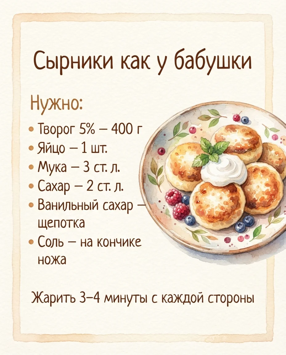 Акварельная карточка рецепта «Сырники как у бабушки» со списком продуктов и тарелкой сырников
