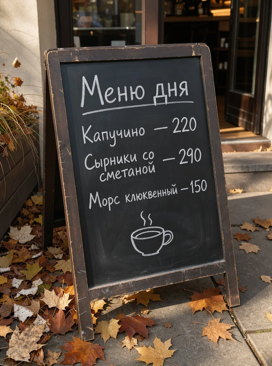 Меловая доска у входа в кофейню: «Меню дня», капучино, сырники со сметаной и клюквенный морс с ценами, FLUX 3 Image