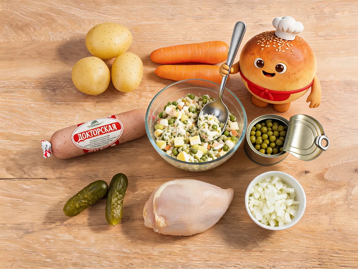 Булочка-талисман с ложкой у стеклянной миски с оливье среди продуктов на деревянном столе