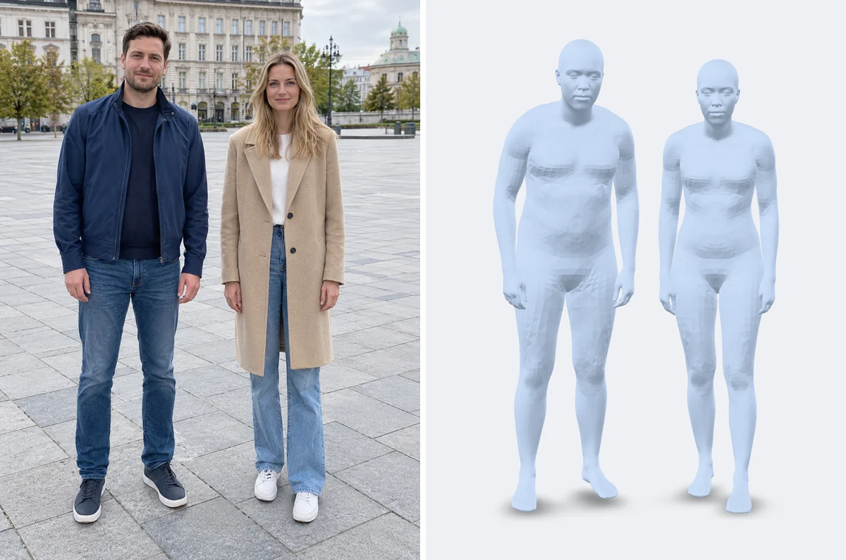 Фото мужчины и женщины на площади и их 3D-фигуры из SAM 3D