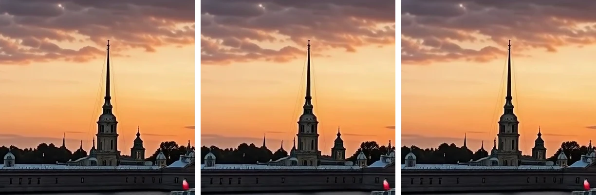 Три одинаковых фрагмента со шпилем Петропавловской крепости на закате из исходника, MP4 и WebM