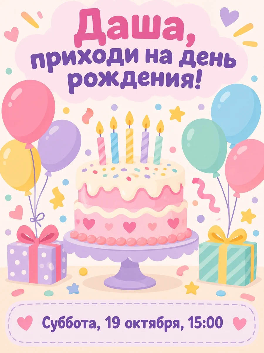 Открытка «Даша, приходи на день рождения!», Nano Banana 2