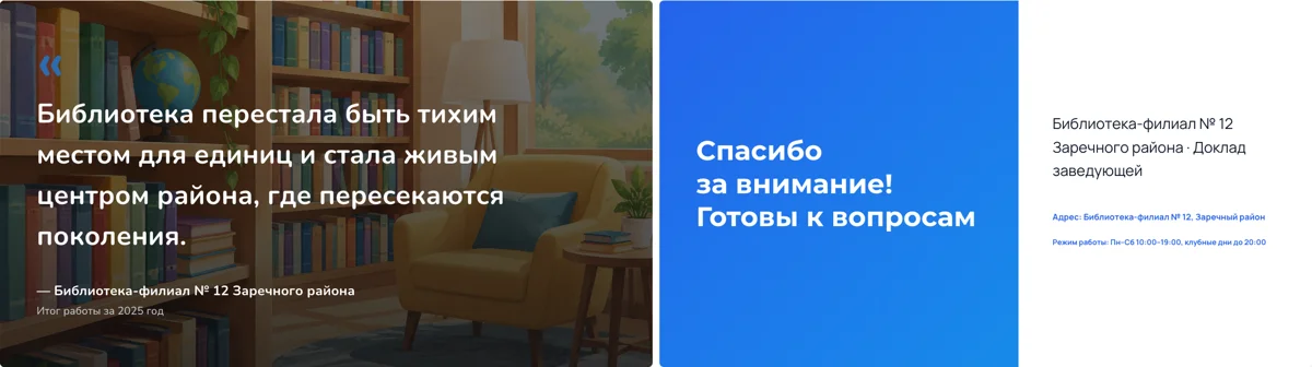 Слайд с придуманной цитатой и финальный слайд с часами работы, которых нет в докладе