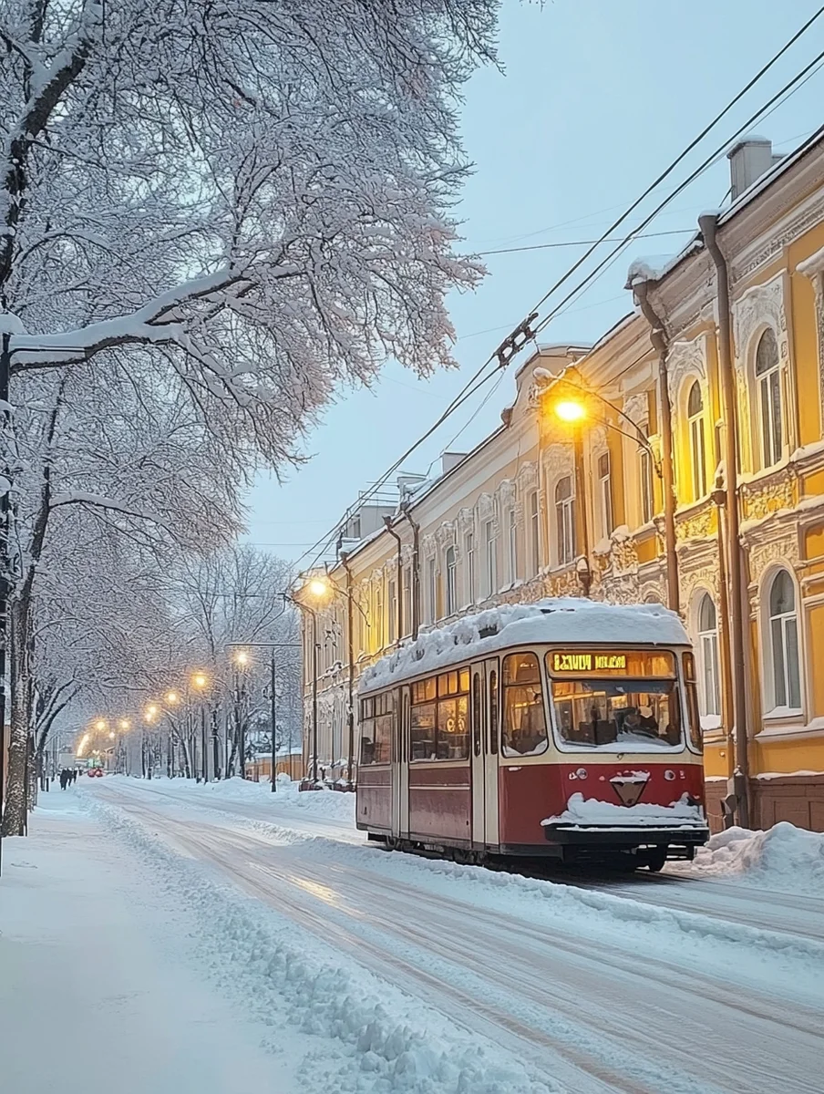 Трамвай у жёлтых домов на заснеженном бульваре, Midjourney 6.1