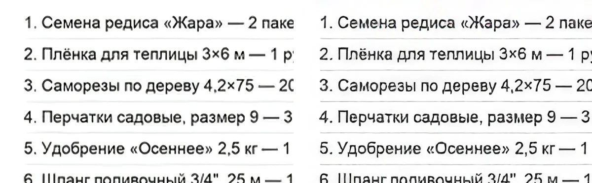 Строки списка покупок после двух нейросетей: справа часть букв искажена