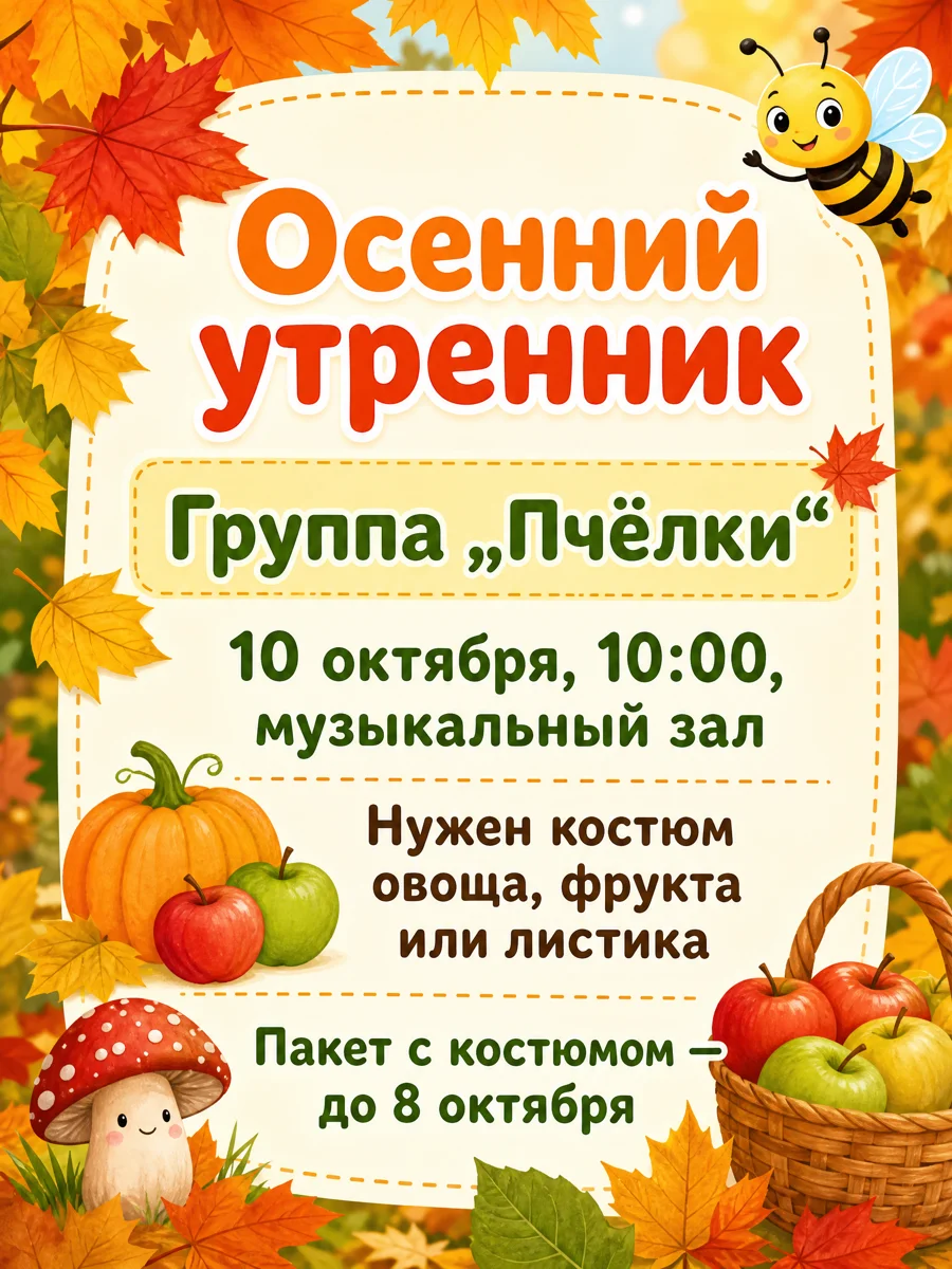 Первая версия афиши осеннего утренника группы «Пчёлки» с мухомором в левом нижнем углу