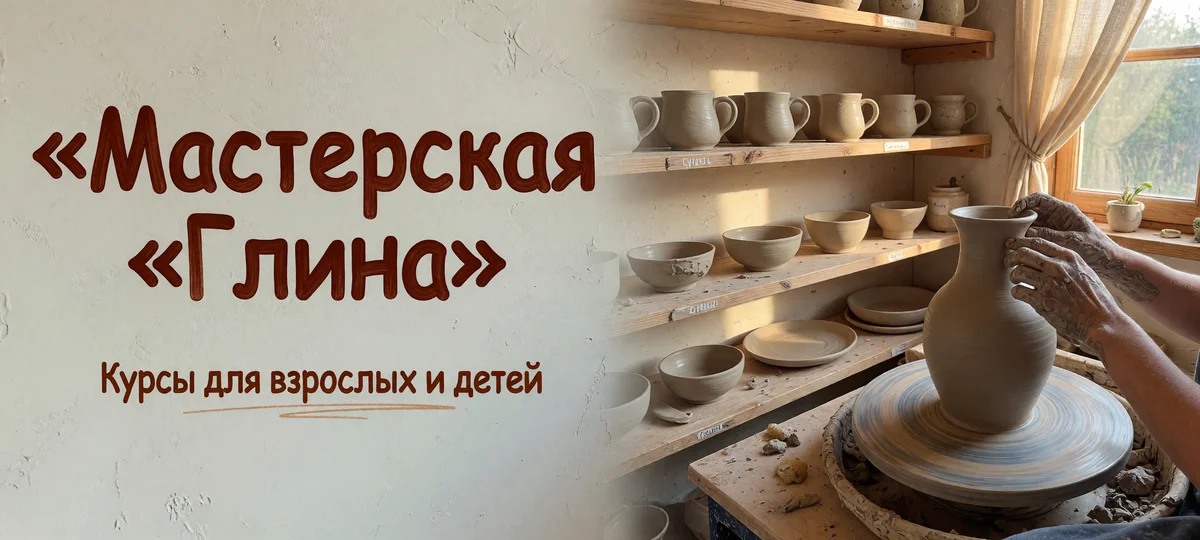 Баннер гончарной мастерской: надпись «Мастерская Глина», руки над гончарным кругом, полки с посудой