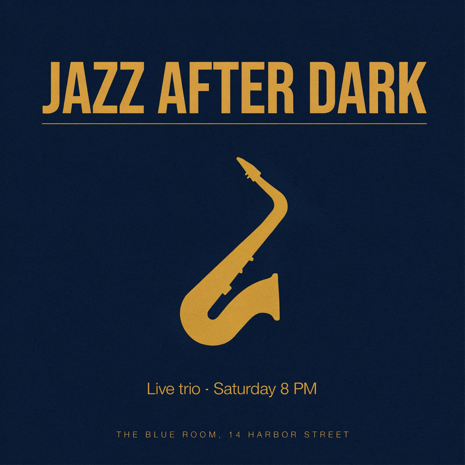 Джазовый плакат после правки: горчичный саксофон и строка Live trio · Saturday 8 PM