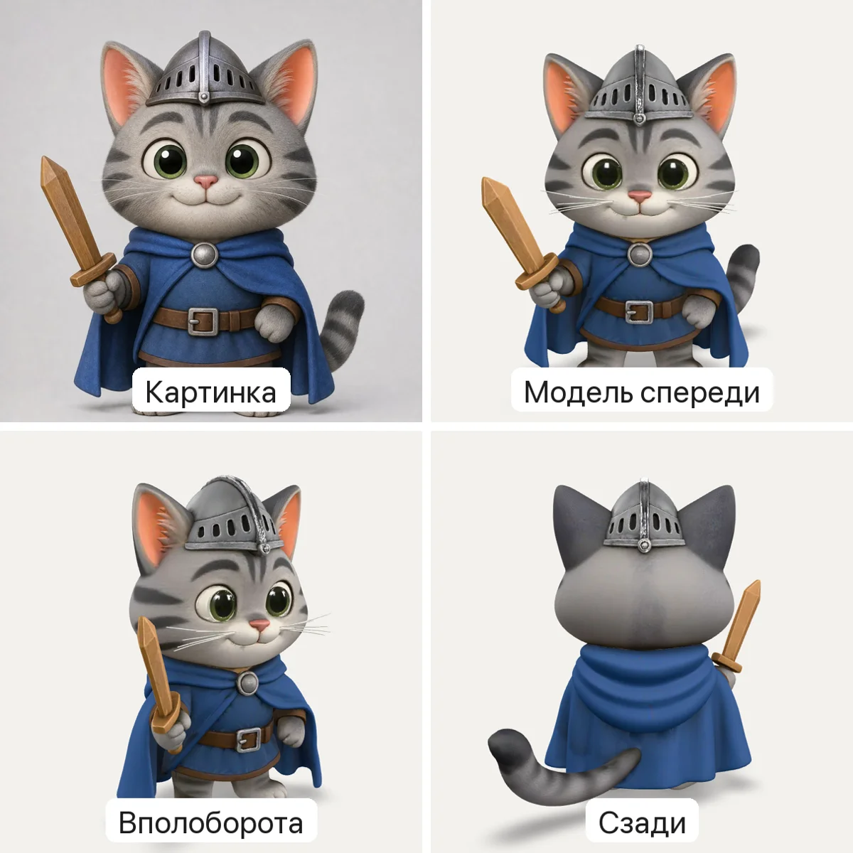 Картинка кота-рыцаря и его 3D-модель из Tripo3D H3.1 с трёх сторон