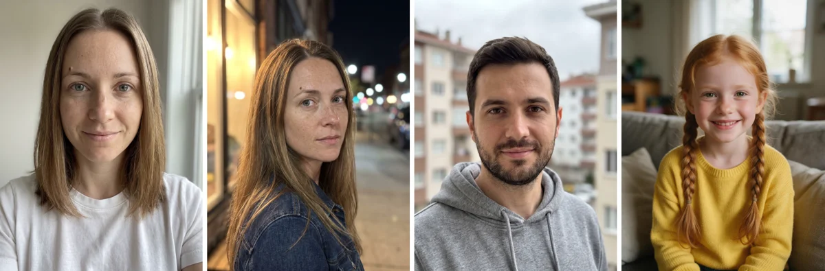 Исходные фото выдуманных героев: женщина у окна и на вечерней улице, мужчина на балконе, девочка с косичками