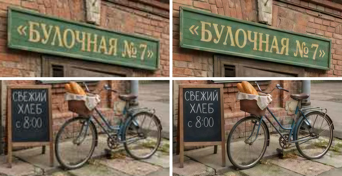 Вывеска «Булочная № 7» и меловая доска до и после увеличения в 4K