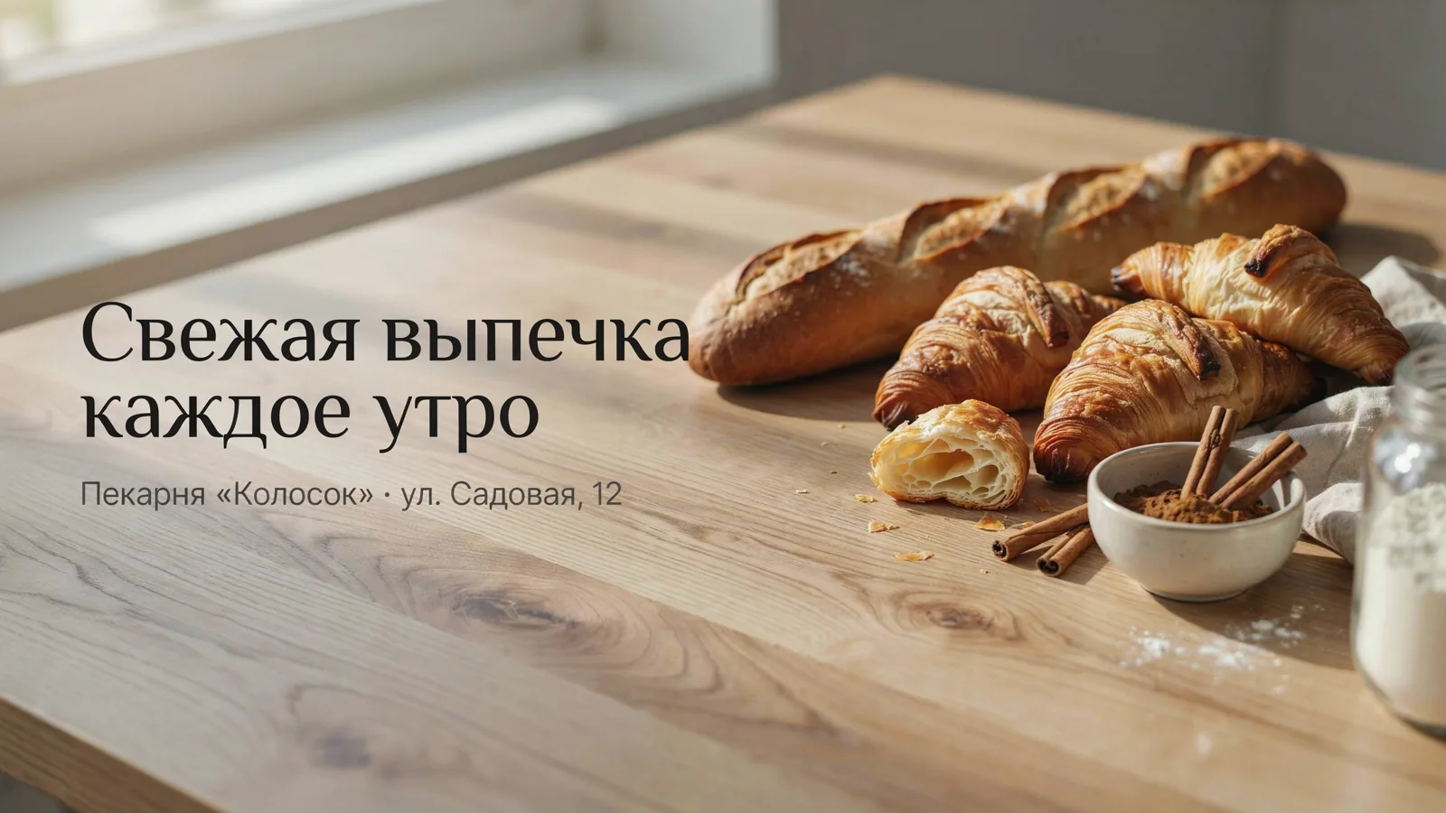 Баннер пекарни: круассаны и багет на светлом столе, надпись «Свежая выпечка каждое утро»
