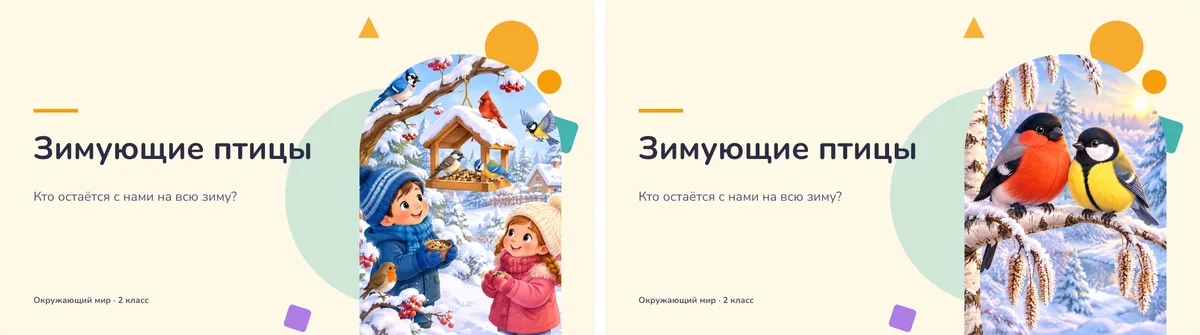 Обложка презентации о зимующих птицах до правки с американскими птицами и после правки со снегирём и синицей