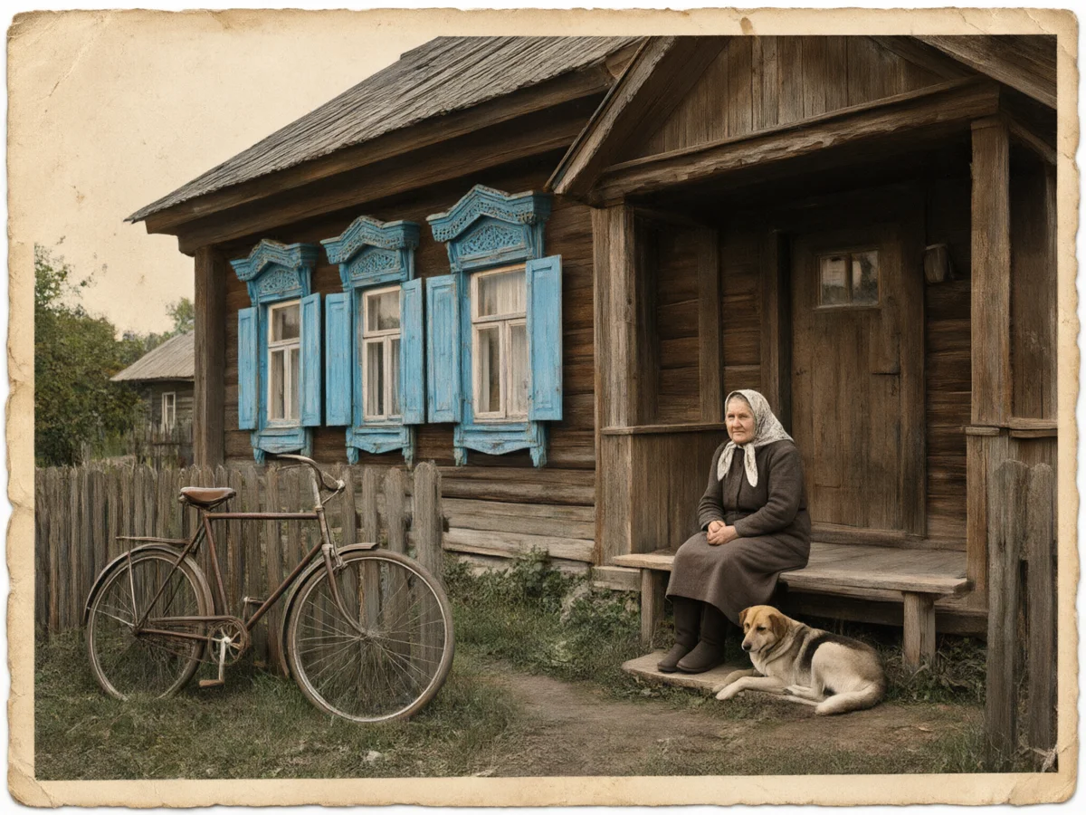 Дом в приглушённых цветах с голубыми наличниками, края фотобумаги сохранены