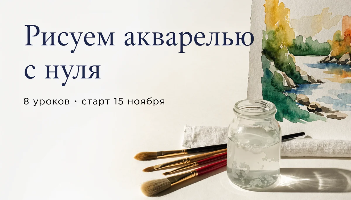 Баннер: слева «Рисуем акварелью с нуля» и «8 уроков · старт 15 ноября», справа кисти, банка с водой и пейзаж
