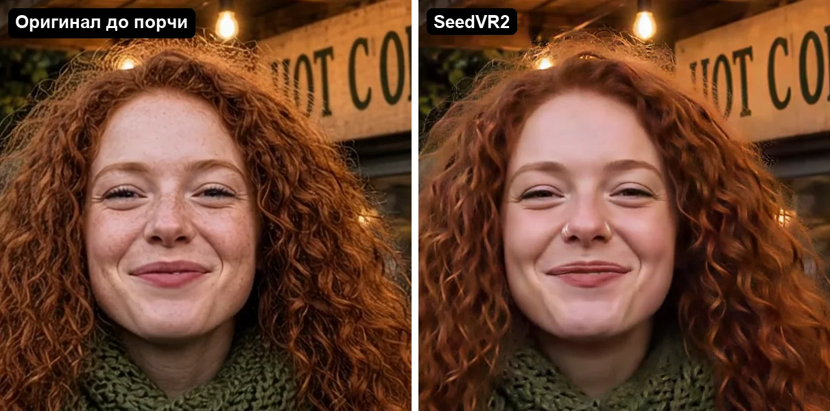 Слева кадр до порчи с веснушками, справа результат SeedVR2 с колечком в носу и без веснушек
