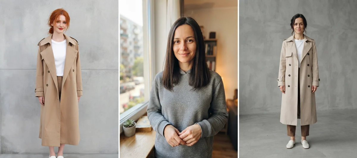 Рыжая девушка в тренче у бетонной стены, брюнетка в худи у окна и та же брюнетка в бежевом тренче у стены