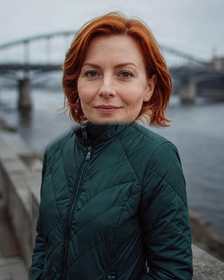 Женщина в зелёной стёганой куртке, на шее заметна прямая граница закрашенной области