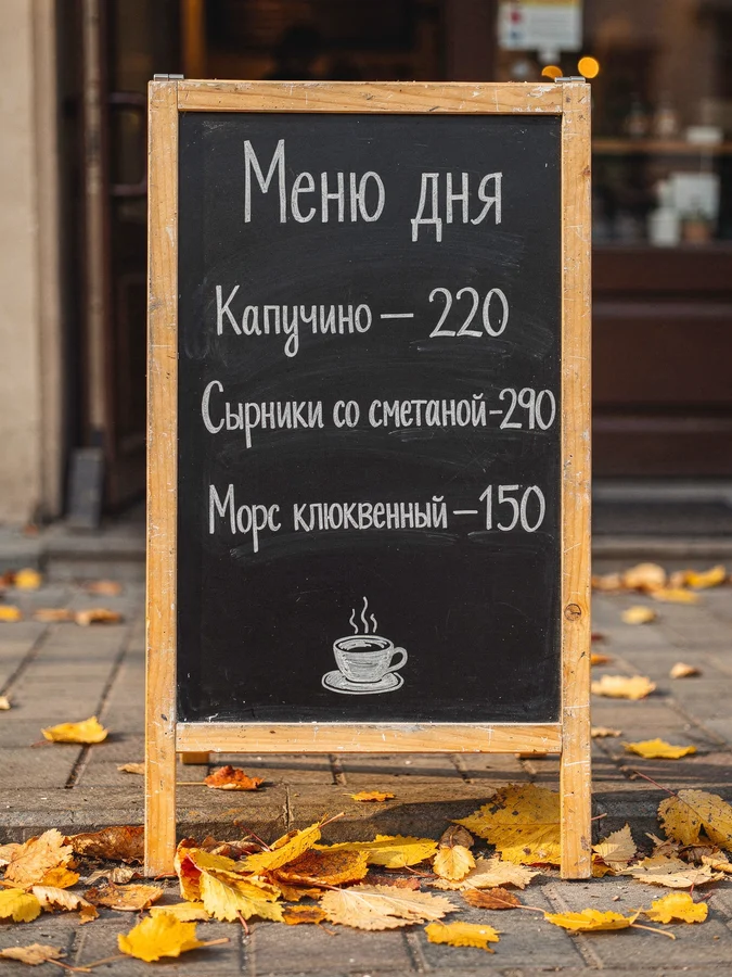 Меловая доска «Меню дня» у кофейни: капучино, сырники со сметаной, морс клюквенный с ценами
