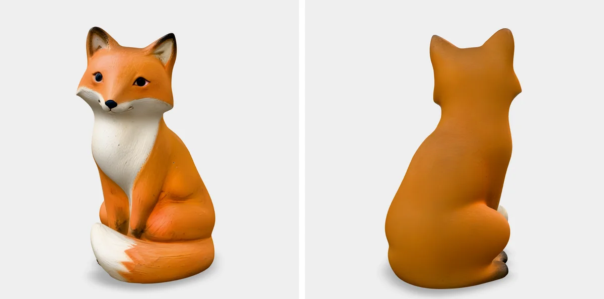 Рыжая 3D-лиса с белой грудкой спереди и гладкая рыжая спина сзади