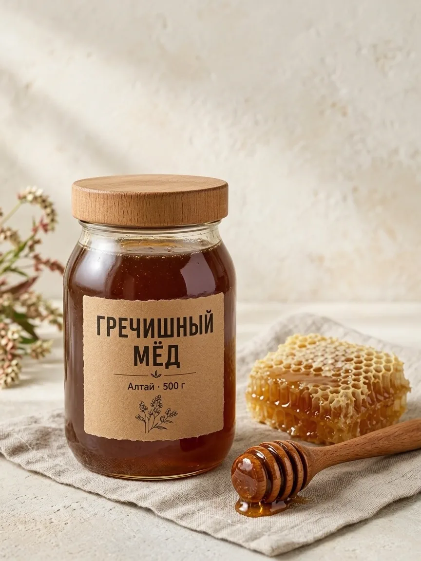Банка тёмного гречишного мёда с крафтовой этикеткой «ГРЕЧИШНЫЙ МЁД», рядом ложка-веретено и соты