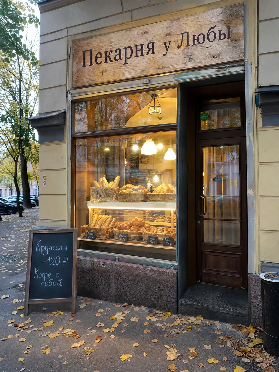 Угловая пекарня с деревянной вывеской и доской у входа, GPT Image 2