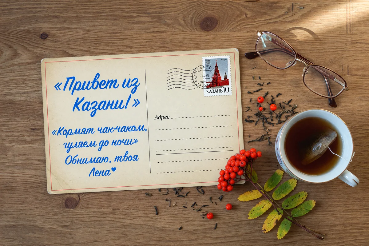 Открытка с рукописным текстом «Привет из Казани!», марка, очки, чай и рябина на столе