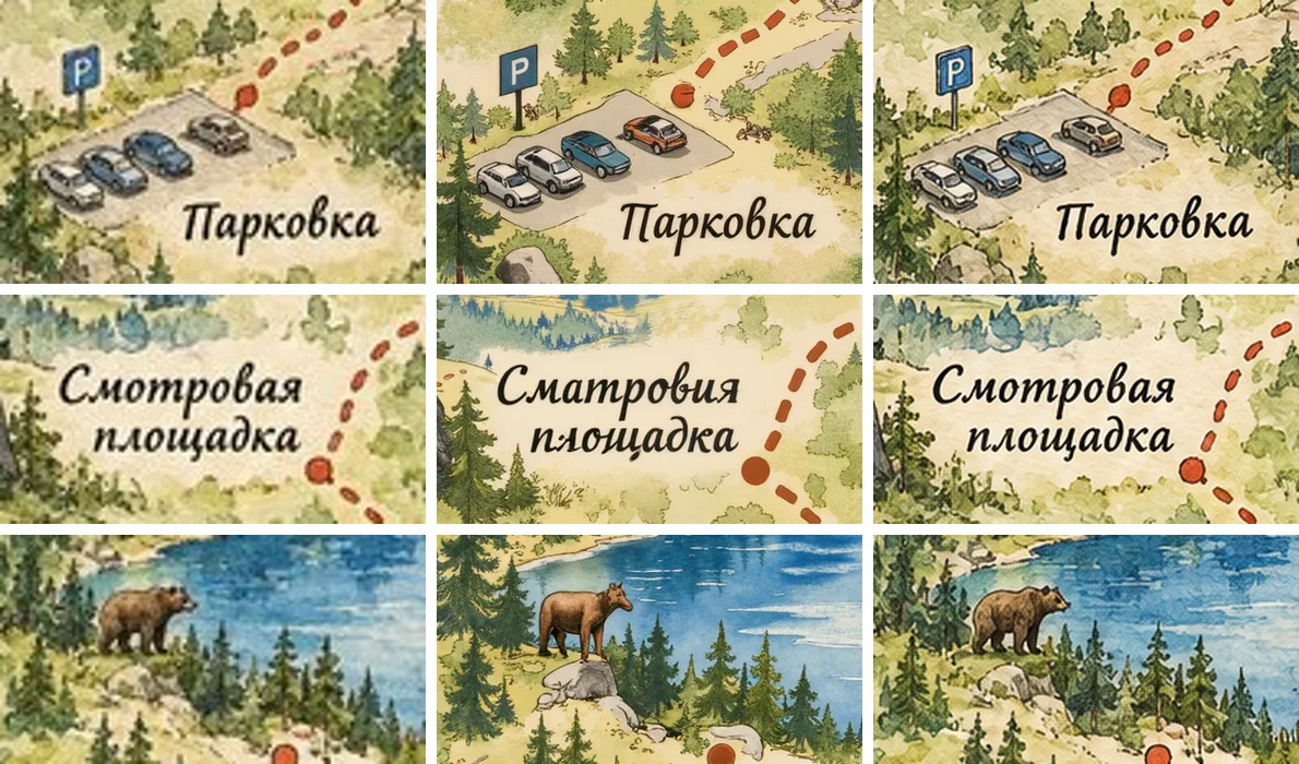 Фрагменты карты до и после: парковка с машинами, подпись смотровой площадки и медведь у озера